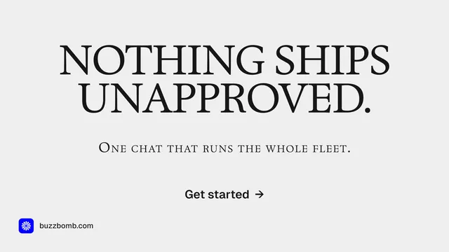 Landscape graphic for BuzzBomb: "Nothing ships unapproved." Swiss style, smallcaps layout, light palette in white, grey.