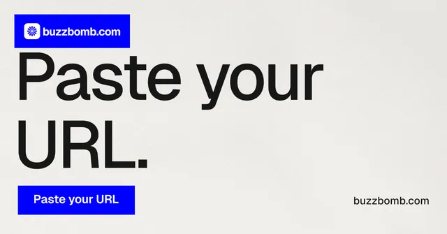 Social ad for BuzzBomb: "Paste your URL." Swiss style, poster layout, light palette in white, blue.