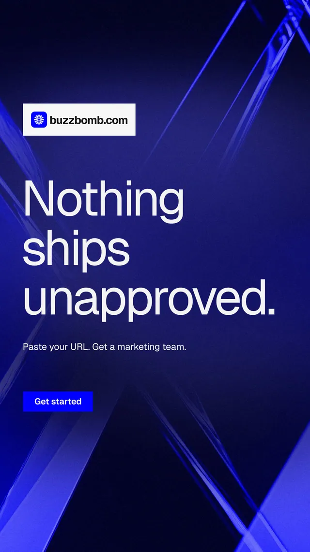 Instagram story for BuzzBomb: "Nothing ships unapproved." Swiss style, announce layout, dark palette in blue, black.
