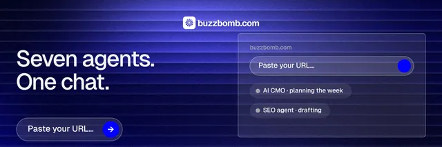 X header for BuzzBomb: "Seven agents. One chat." Agentic glass style, bottom layout, dark palette in blue.