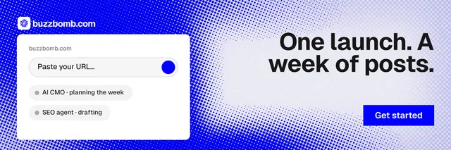 X header for BuzzBomb: "One launch. A week of posts." Swiss style, right layout, light palette in blue, white.
