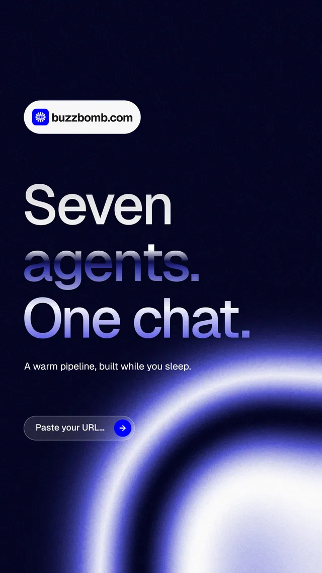 Instagram story for BuzzBomb: "Seven agents. One chat." Agentic glass style, announce layout, dark palette in black, blue.