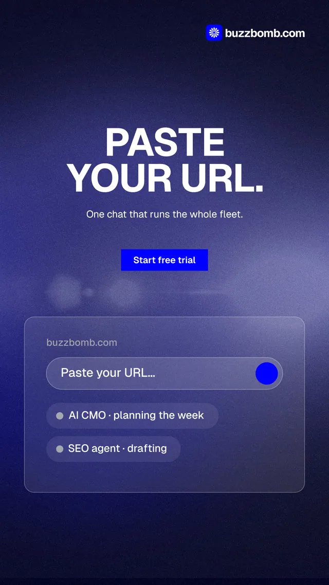 Instagram story for BuzzBomb: "Paste your URL." Swiss style, centred layout, dark palette in blue.