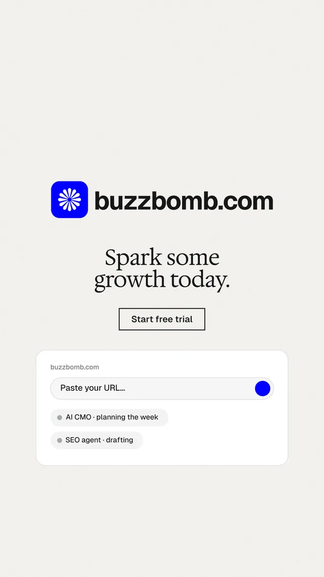Instagram story for BuzzBomb: "Spark some growth today." Editorial style, logo hero layout, light palette in white.