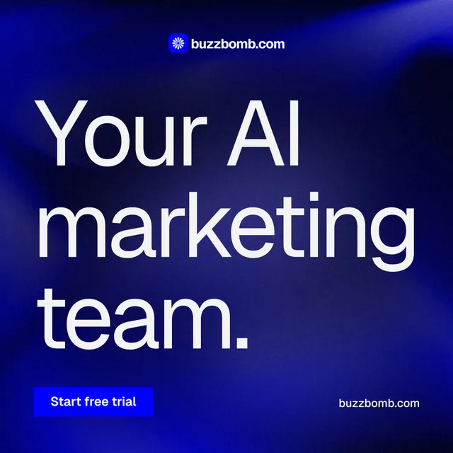 Instagram post for BuzzBomb: "Your AI marketing team." Swiss style, poster layout, dark palette in blue, grey.