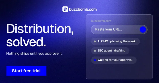 Social ad for BuzzBomb: "Distribution, solved." Swiss style, bottom layout, dark palette in blue.