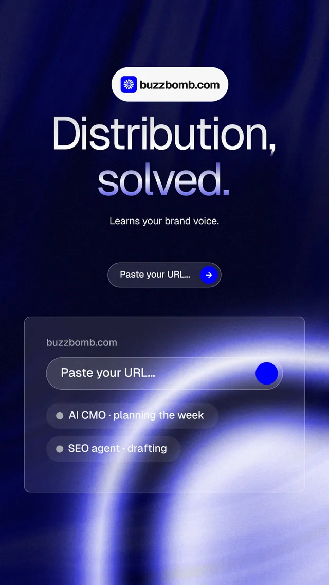 Instagram story for BuzzBomb: "Distribution, solved." Agentic glass style, centred layout, dark palette in blue, black.