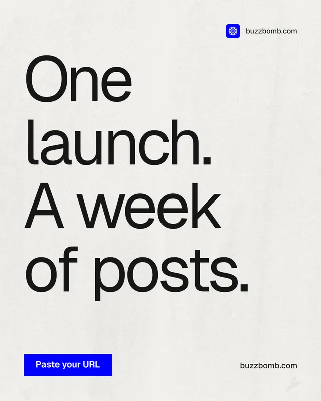 Instagram portrait post for BuzzBomb: "One launch. A week of posts." Swiss style, poster layout, light palette in white, grey.