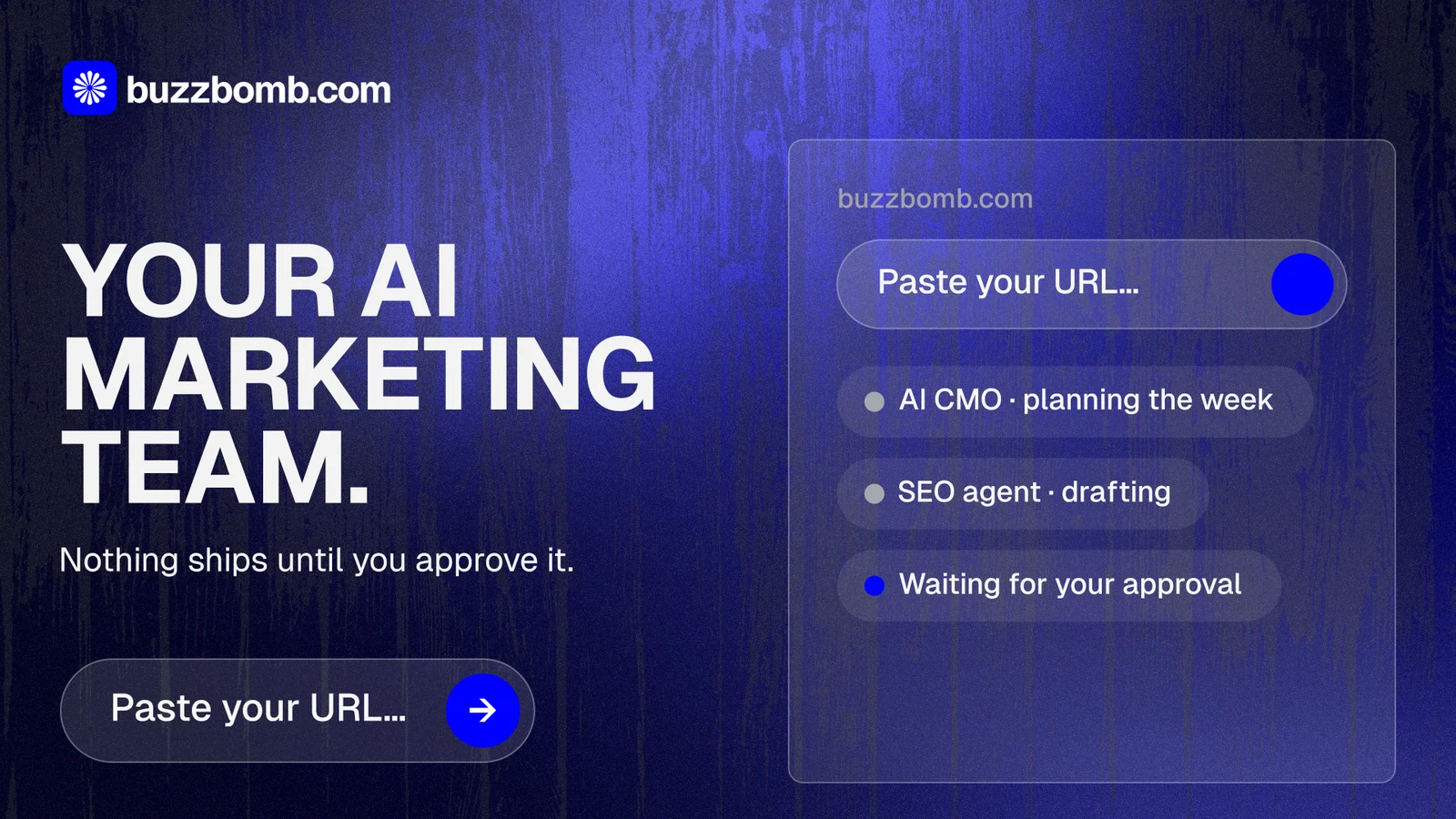 Landscape graphic for BuzzBomb: "Your AI marketing team." Agentic glass style, bottom layout, dark palette in blue.