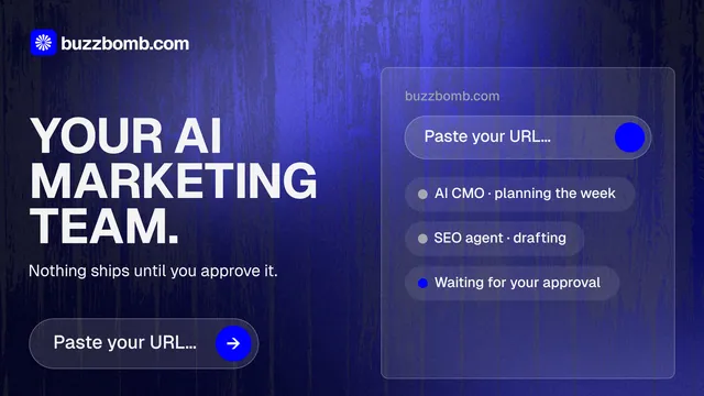 Landscape graphic for BuzzBomb: "Your AI marketing team." Agentic glass style, bottom layout, dark palette in blue.