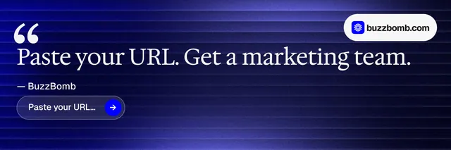 X header for BuzzBomb: "Your AI marketing team." Agentic glass style, quote layout, dark palette in black, blue, grey.