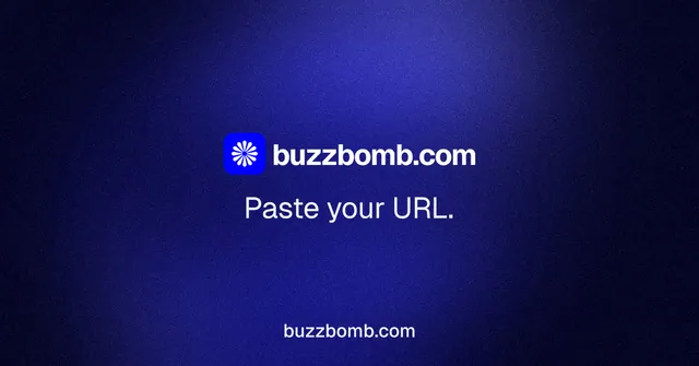Social ad for BuzzBomb: "Paste your URL." Swiss style, end card layout, dark palette in black, blue.