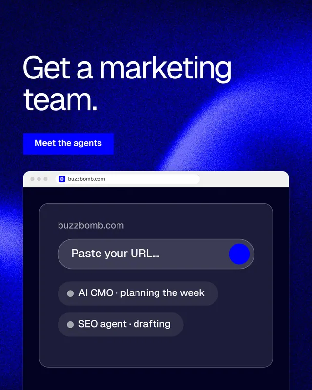Instagram portrait post for BuzzBomb: "Get a marketing team." Swiss style, browser layout, dark palette in blue, black.