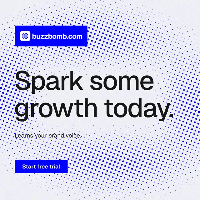 Instagram post for BuzzBomb: "Spark some growth today." Swiss style, announce layout, light palette in blue, white.