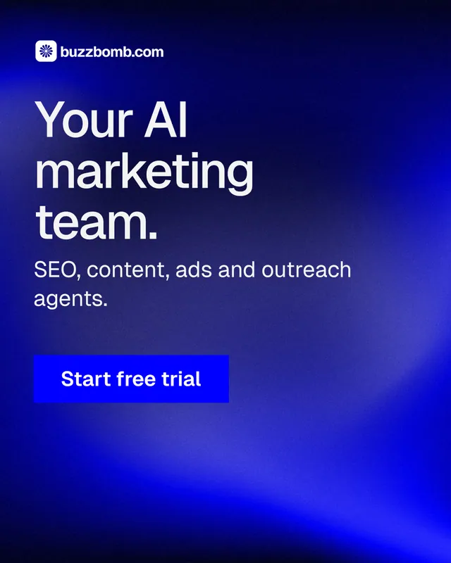 Instagram portrait post for BuzzBomb: "Your AI marketing team." Swiss style, skeleton layout, dark palette in blue.