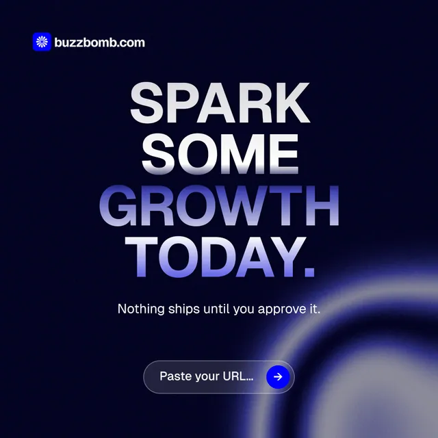 Instagram post for BuzzBomb: "Spark some growth today." Agentic glass style, centred layout, dark palette in black, blue.