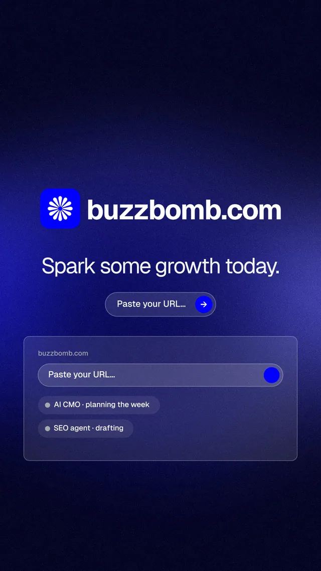 Instagram story for BuzzBomb: "Spark some growth today." Agentic glass style, logo hero layout, dark palette in blue, black.