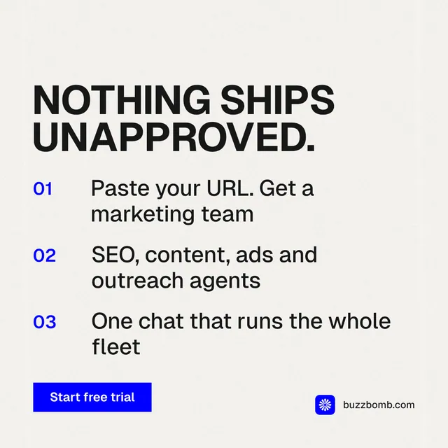 Instagram post for BuzzBomb: "Nothing ships unapproved." Swiss style, numbered layout, light palette in white, grey.
