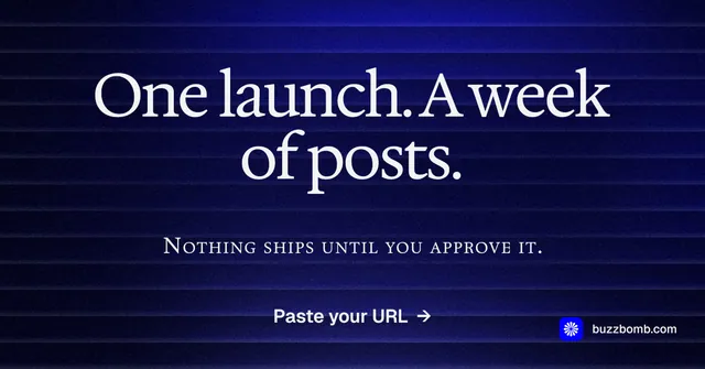 Social ad for BuzzBomb: "One launch. A week of posts." Agentic glass style, smallcaps layout, dark palette in blue, black.