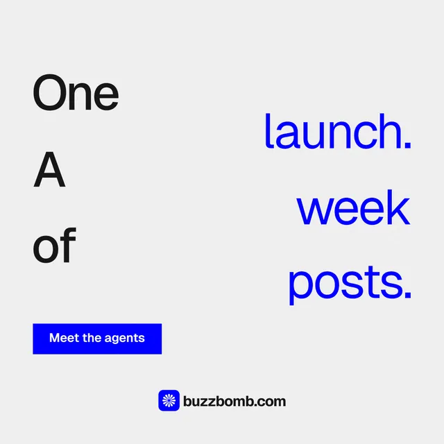Instagram post for BuzzBomb: "One launch. A week of posts." Swiss style, stacked layout, light palette in white, blue.