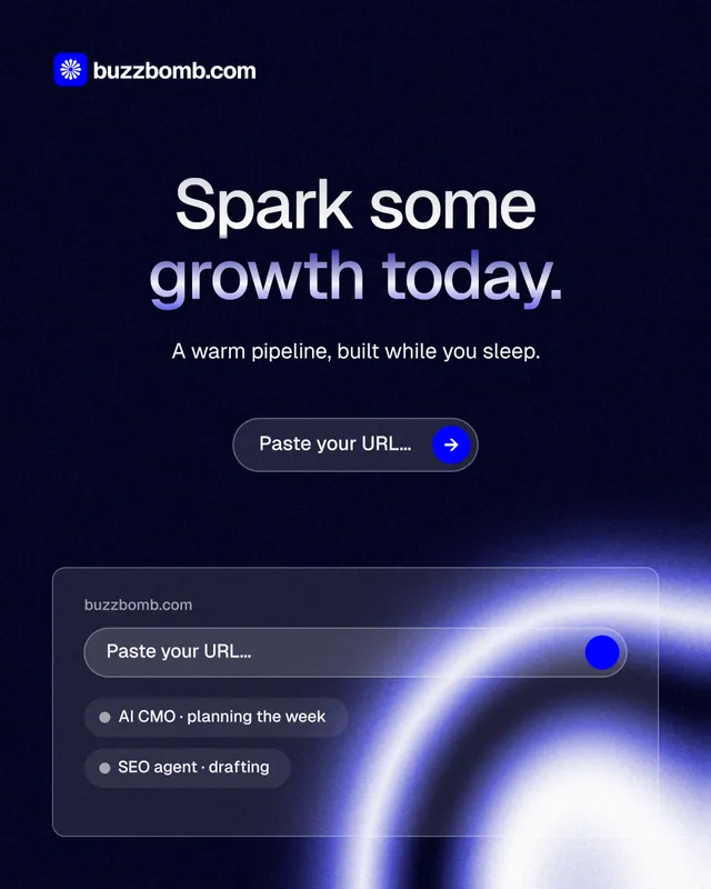 Instagram portrait post for BuzzBomb: "Spark some growth today." Agentic glass style, centred layout, dark palette in black, blue.
