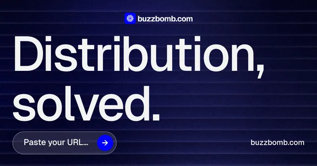 Social ad for BuzzBomb: "Distribution, solved." Agentic glass style, poster layout, dark palette in blue, black, grey.