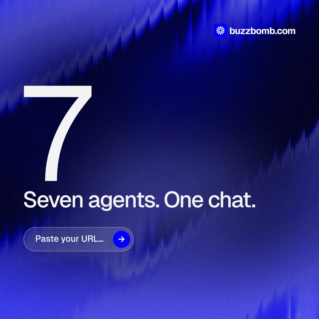 Instagram post for BuzzBomb: "Your AI marketing team." Agentic glass style, stat layout, dark palette in blue.