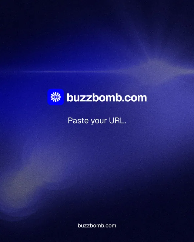 Instagram portrait post for BuzzBomb: "Paste your URL." Swiss style, end card layout, dark palette in black, blue.