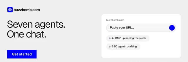 X header for BuzzBomb: "Seven agents. One chat." Swiss style, bottom layout, light palette in white, blue.