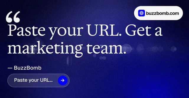 Social ad for BuzzBomb: "Paste your URL." Agentic glass style, quote layout, dark palette in blue, grey.