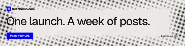 LinkedIn banner for BuzzBomb: "One launch. A week of posts." Swiss style, poster layout, light palette in grey, white.