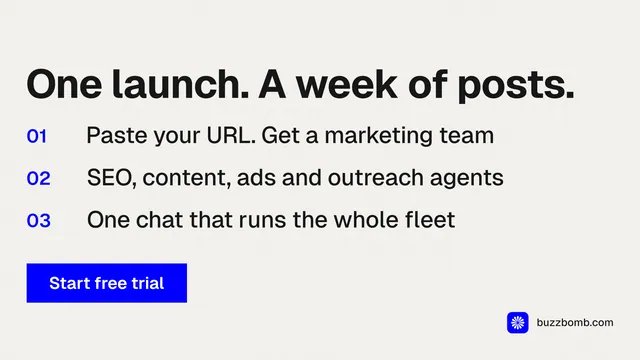 Landscape graphic for BuzzBomb: "One launch. A week of posts." Swiss style, numbered layout, light palette in white, blue.