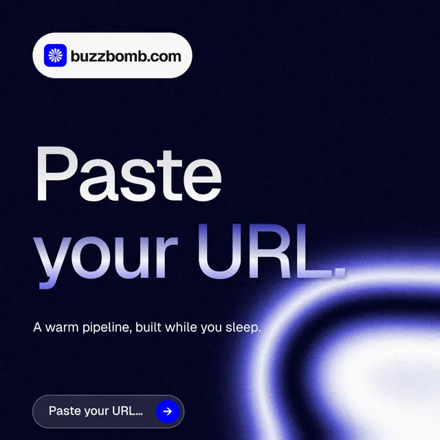 Instagram post for BuzzBomb: "Paste your URL." Agentic glass style, announce layout, dark palette in black, blue.