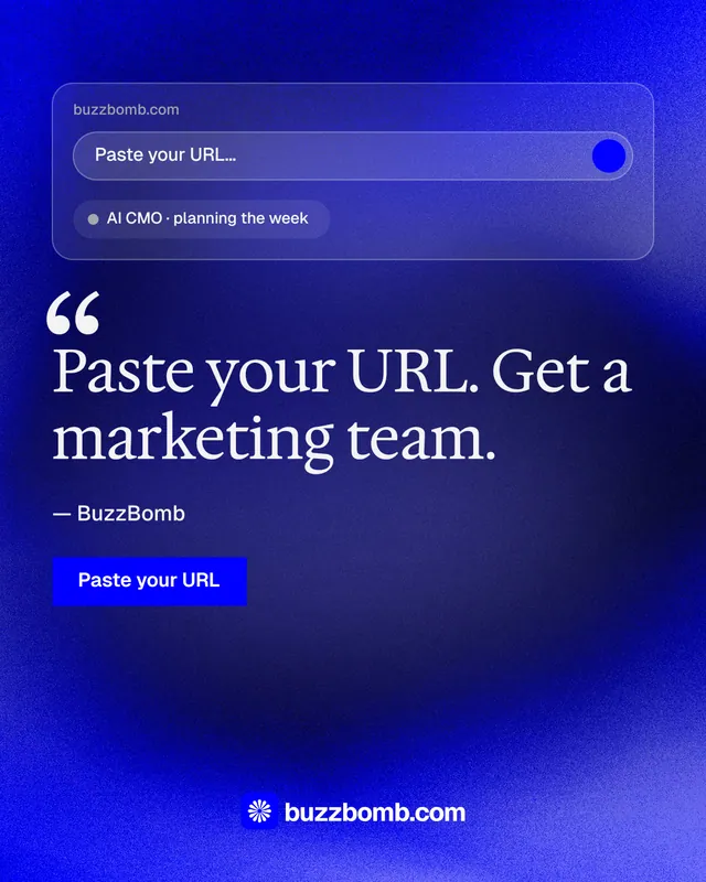 Instagram portrait post for BuzzBomb: "Seven agents. One chat." Swiss style, quote layout, dark palette in blue.