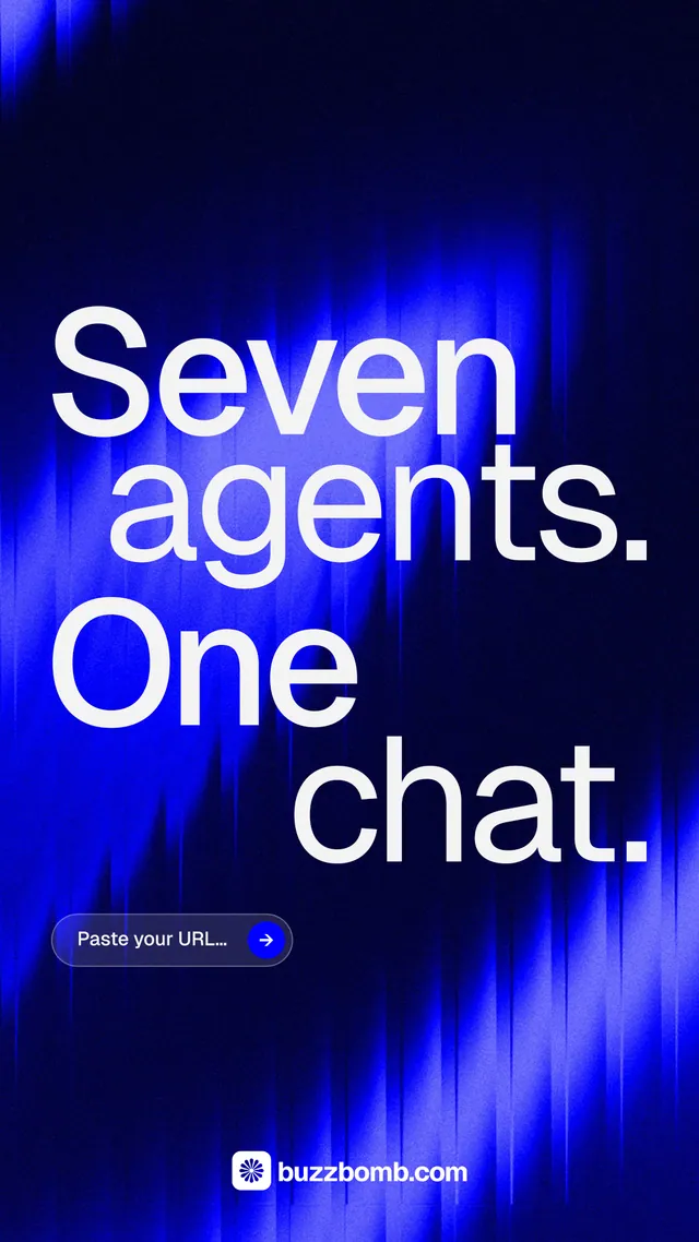 Instagram story for BuzzBomb: "Seven agents. One chat." Agentic glass style, stacked layout, dark palette in black, blue.