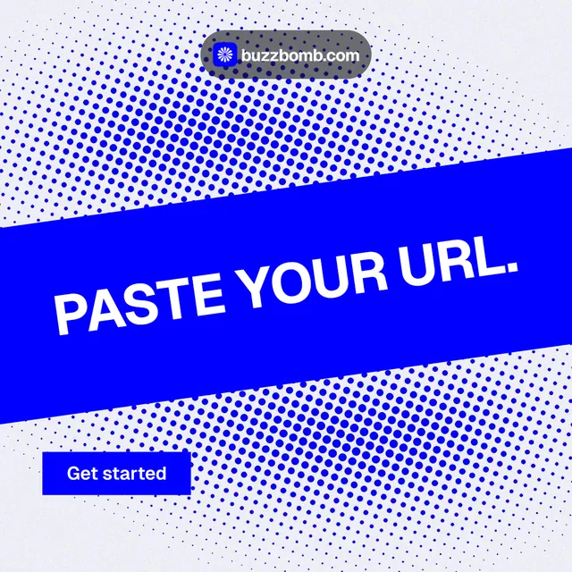 Instagram post for BuzzBomb: "Paste your URL." Swiss style, diagonal layout, light palette in blue, white.