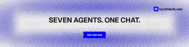 LinkedIn banner for BuzzBomb: "Seven agents. One chat." Swiss style, centred layout, light palette in blue, white.