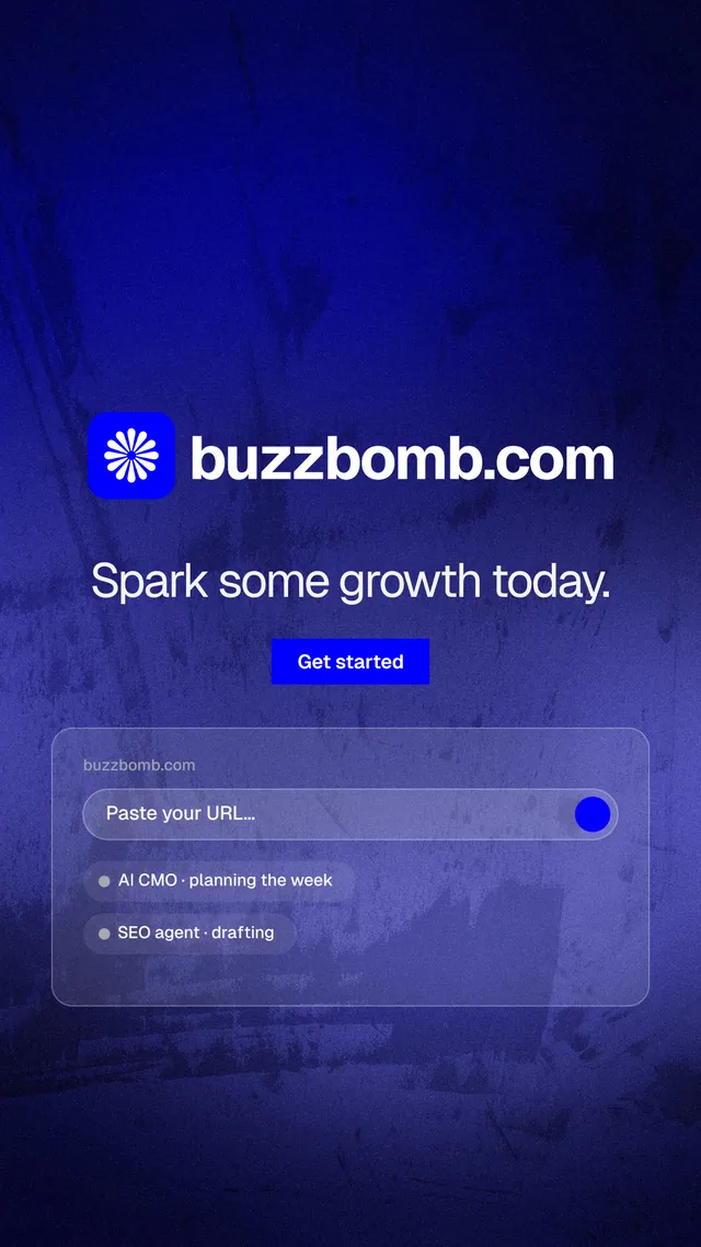 Instagram story for BuzzBomb: "Spark some growth today." Swiss style, logo hero layout, dark palette in blue.
