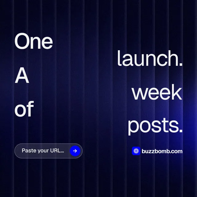 Instagram post for BuzzBomb: "One launch. A week of posts." Agentic glass style, stacked layout, dark palette in black, blue.