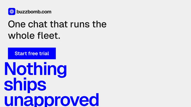 Landscape graphic for BuzzBomb: "Nothing ships unapproved." Swiss style, oversized layout, light palette in white, blue.