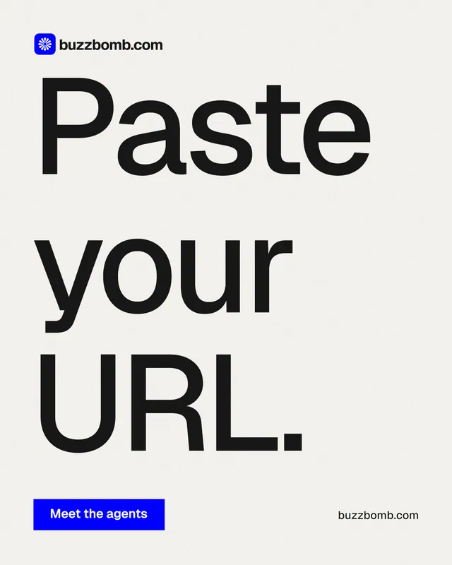 Instagram portrait post for BuzzBomb: "Paste your URL." Swiss style, poster layout, light palette in white, grey.