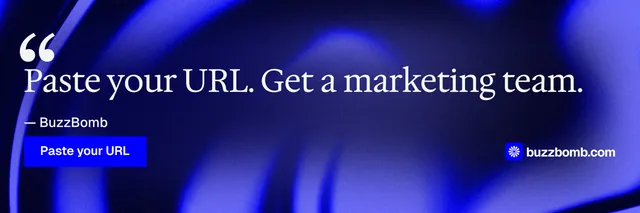 X header for BuzzBomb: "Get a marketing team." Swiss style, quote layout, dark palette in blue.