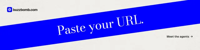 LinkedIn banner for BuzzBomb: "Paste your URL." Minimal luxury style, diagonal layout, light palette in blue, white.