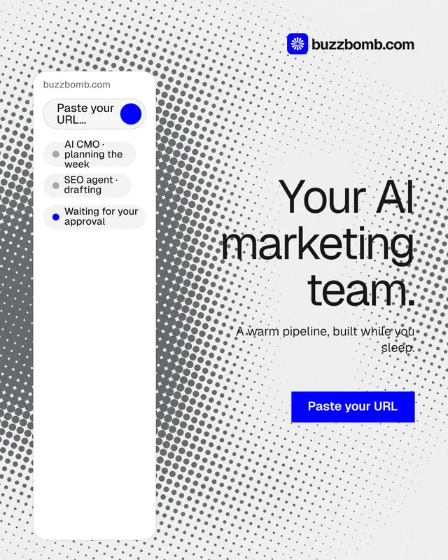 Instagram portrait post for BuzzBomb: "Your AI marketing team." Swiss style, right layout, light palette in white, grey.