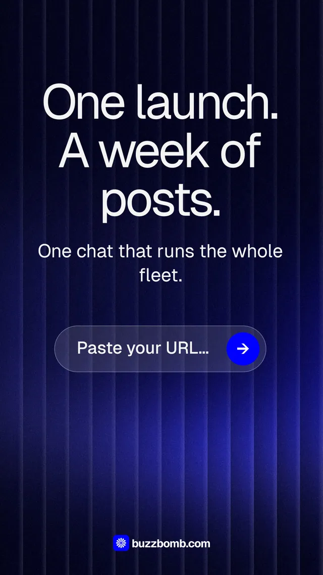 Instagram story for BuzzBomb: "One launch. A week of posts." Agentic glass style, skeleton layout, dark palette in black, blue, grey.