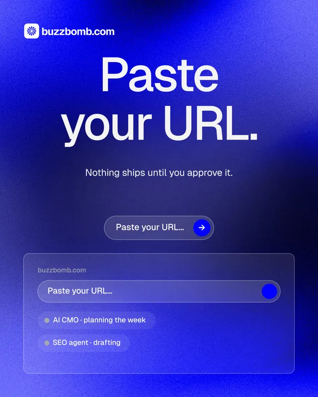 Instagram portrait post for BuzzBomb: "Paste your URL." Agentic glass style, centred layout, dark palette in blue.