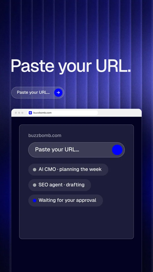 Instagram story for BuzzBomb: "Paste your URL." Agentic glass style, browser layout, dark palette in blue, black.