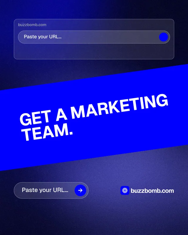 Instagram portrait post for BuzzBomb: "Get a marketing team." Agentic glass style, diagonal layout, dark palette in blue.
