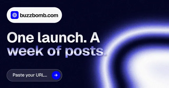 Social ad for BuzzBomb: "One launch. A week of posts." Agentic glass style, announce layout, dark palette in black, blue.