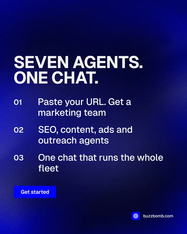 Instagram portrait post for BuzzBomb: "Seven agents. One chat." Swiss style, numbered layout, dark palette in blue.